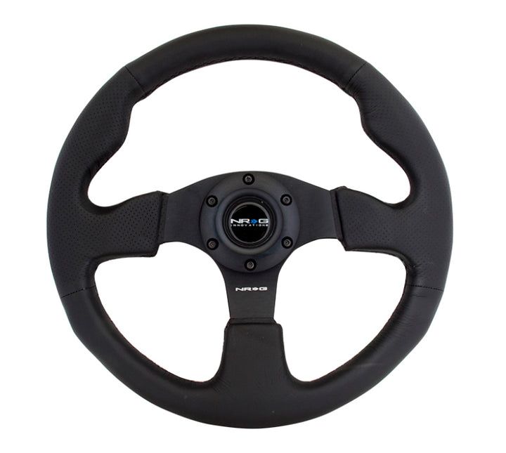 NRG Reinforced Steering Wheel (320mm) Black Leather w/Black Stitching - Bull Strap