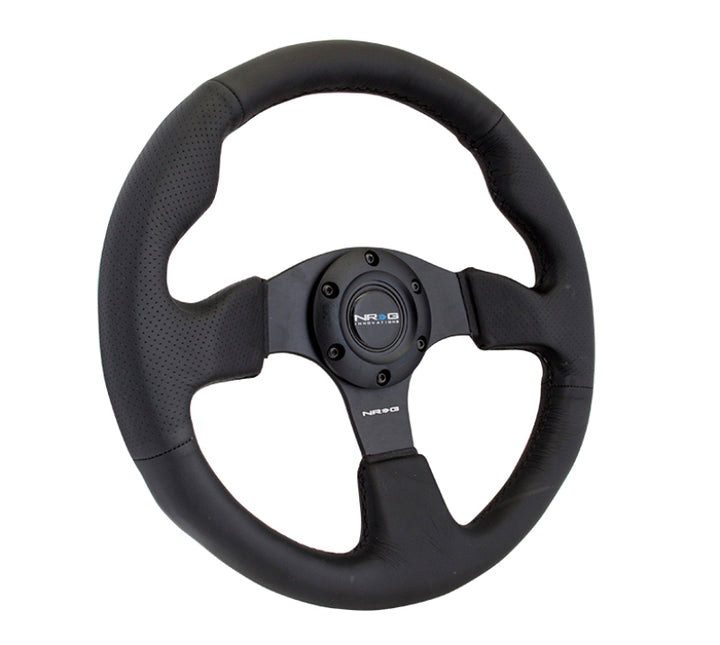 NRG Reinforced Steering Wheel (320mm) Black Leather w/Black Stitching - Bull Strap