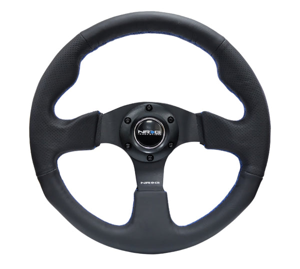 NRG Reinforced Steering Wheel (320mm) Black Leather w/Blue Stitching - Bull Strap