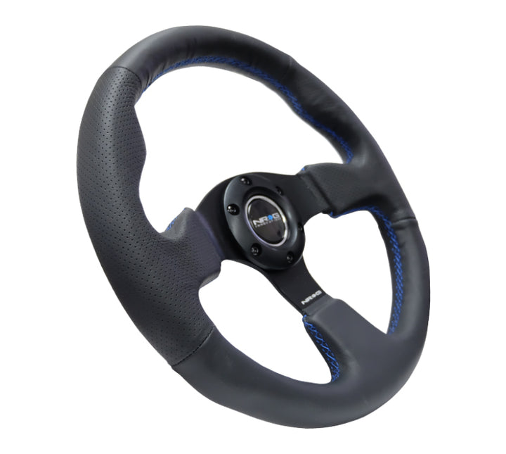 NRG Reinforced Steering Wheel (320mm) Black Leather w/Blue Stitching - Bull Strap
