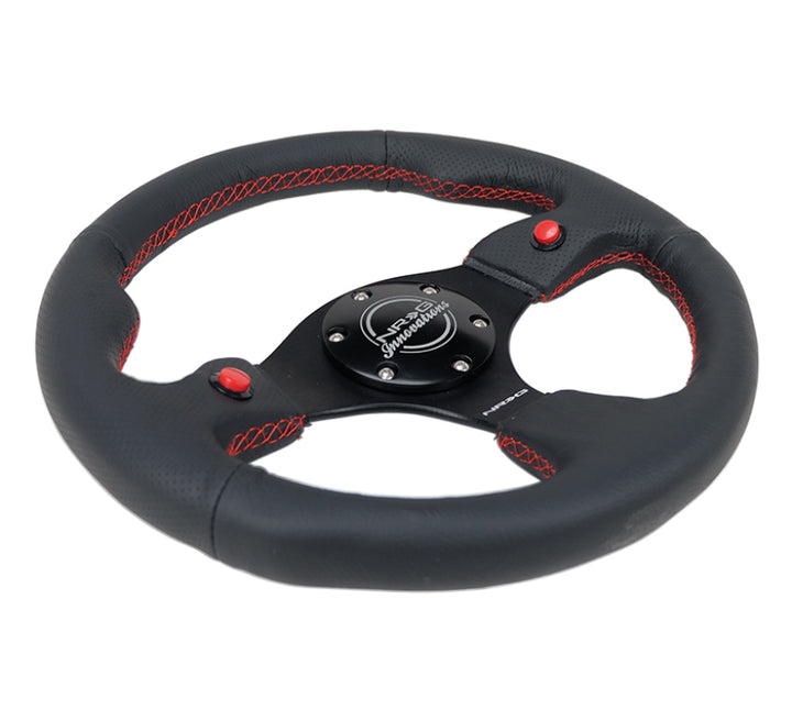 NRG Reinforced Steering Wheel (320mm) Blk Leather w/Dual Buttons - Bull Strap