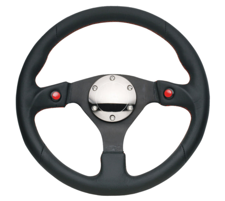 NRG Reinforced Steering Wheel (320mm) Blk Leather w/Dual Buttons - Bull Strap