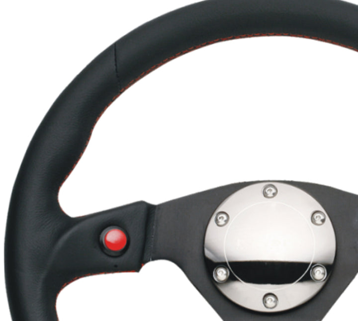 NRG Reinforced Steering Wheel (320mm) Blk Leather w/Dual Buttons - Bull Strap