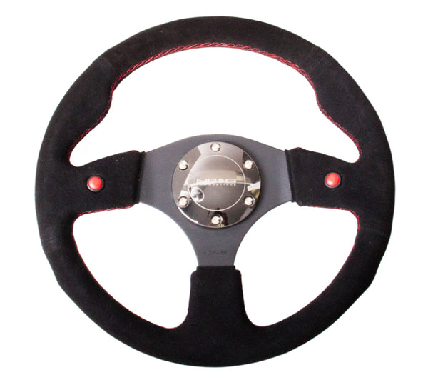 NRG Reinforced Steering Wheel (320mm) Blk Suede w/Dual Buttons - Bull Strap