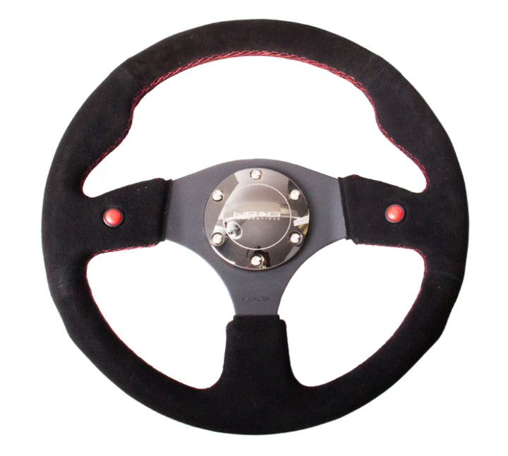 NRG Reinforced Steering Wheel (320mm) Blk Suede w/Dual Buttons - Bull Strap