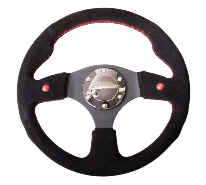 NRG Reinforced Steering Wheel (320mm) Blk Suede w/Dual Buttons - Bull Strap