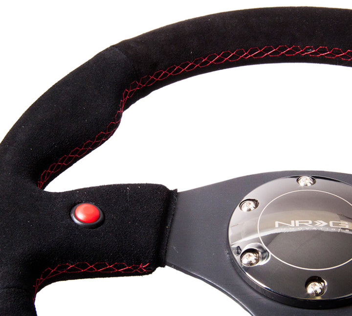 NRG Reinforced Steering Wheel (320mm) Blk Suede w/Dual Buttons - Bull Strap