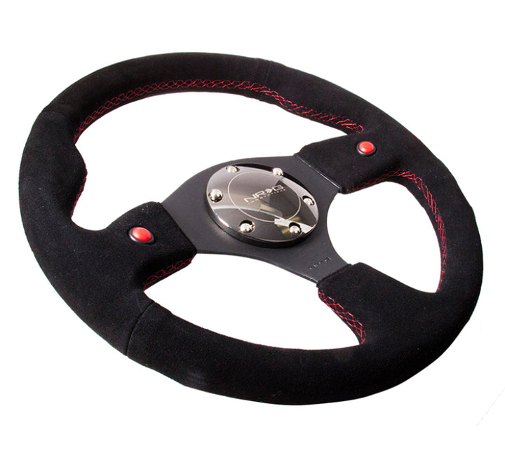 NRG Reinforced Steering Wheel (320mm) Blk Suede w/Dual Buttons - Bull Strap