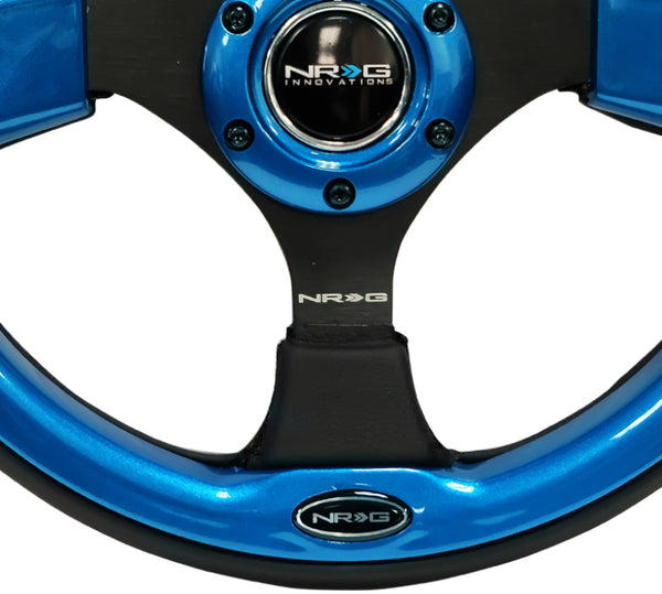 NRG Reinforced Steering Wheel (320mm) Blk w/Blue Trim - Bull Strap