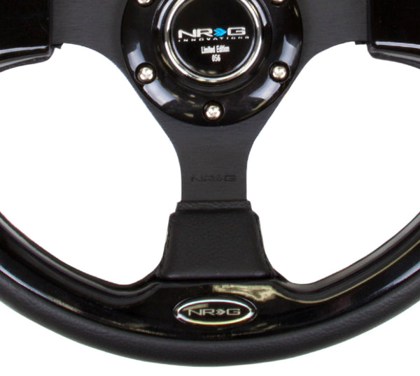 NRG Reinforced Steering Wheel (320mm) Blk w/Gloss Black Trim - Bull Strap
