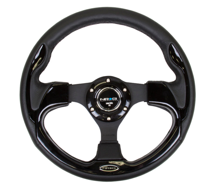 NRG Reinforced Steering Wheel (320mm) Blk w/Gloss Black Trim - Bull Strap