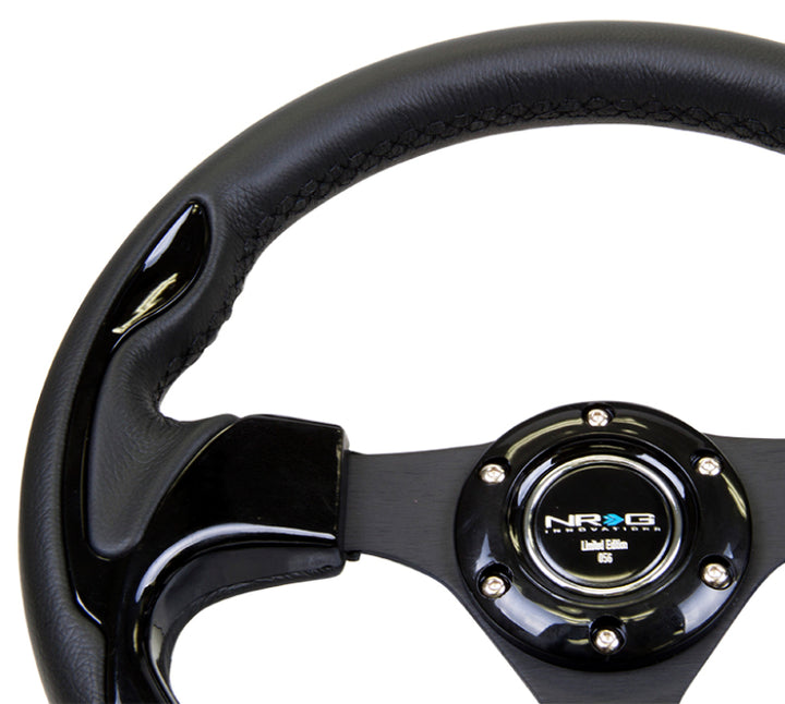 NRG Reinforced Steering Wheel (320mm) Blk w/Gloss Black Trim - Bull Strap