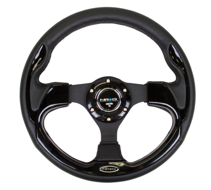 NRG Reinforced Steering Wheel (320mm) Blk w/Gloss Black Trim - Bull Strap