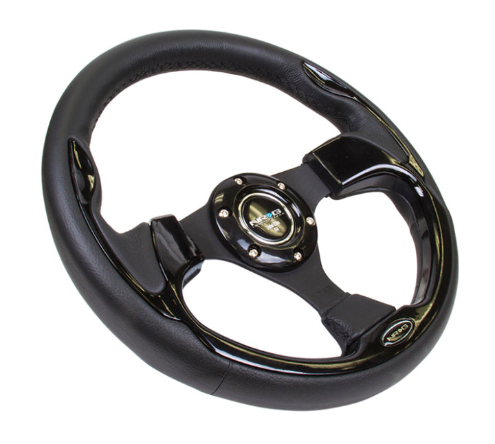 NRG Reinforced Steering Wheel (320mm) Blk w/Gloss Black Trim - Bull Strap