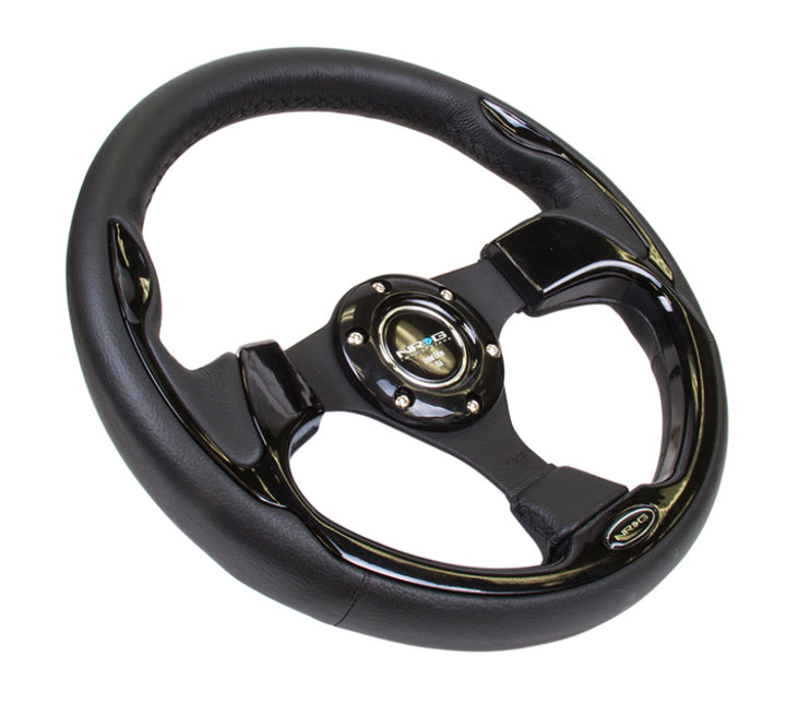NRG Reinforced Steering Wheel (320mm) Blk w/Gloss Black Trim - Bull Strap