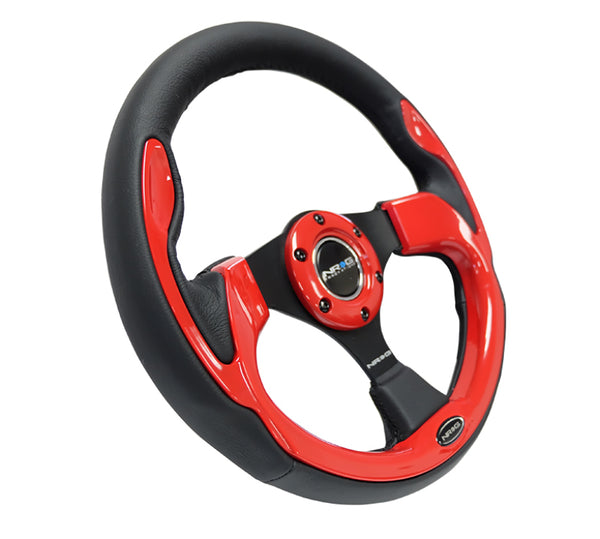 NRG Reinforced Steering Wheel (320mm) Blk w/Red Trim & 5mm 3-Spoke - Bull Strap
