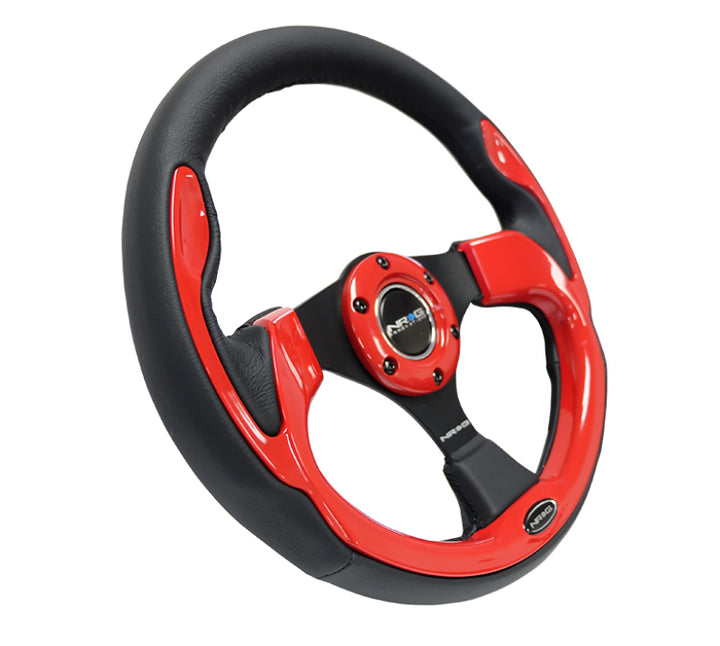 NRG Reinforced Steering Wheel (320mm) Blk w/Red Trim & 5mm 3-Spoke - Bull Strap