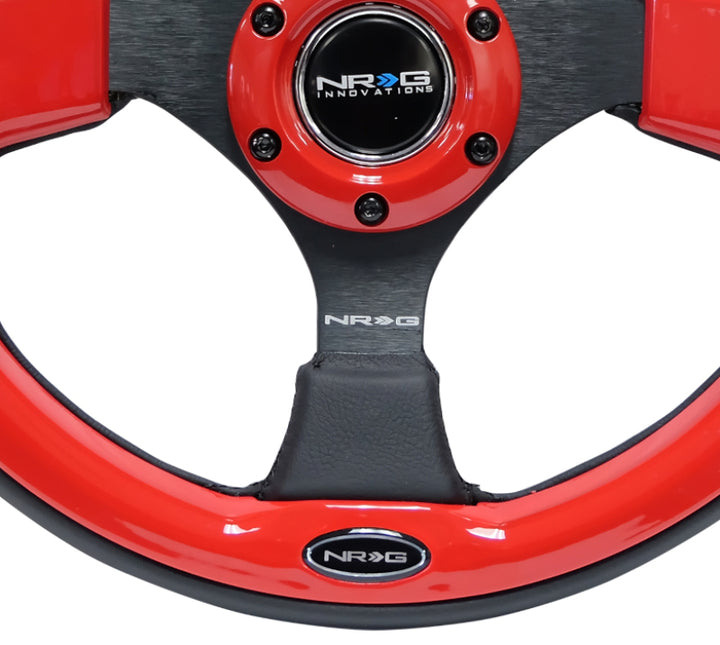 NRG Reinforced Steering Wheel (320mm) Blk w/Red Trim & 5mm 3-Spoke - Bull Strap