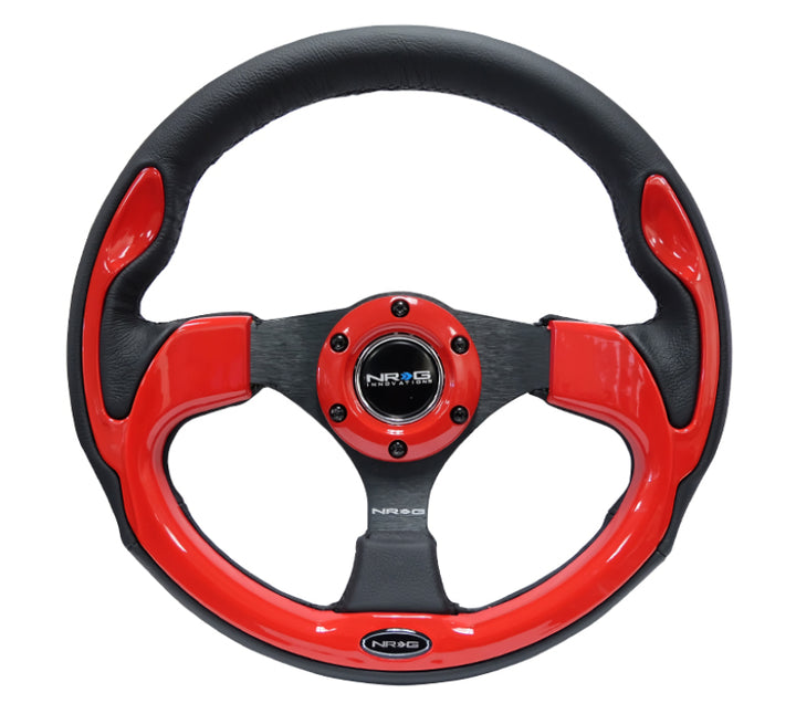 NRG Reinforced Steering Wheel (320mm) Blk w/Red Trim & 5mm 3-Spoke - Bull Strap