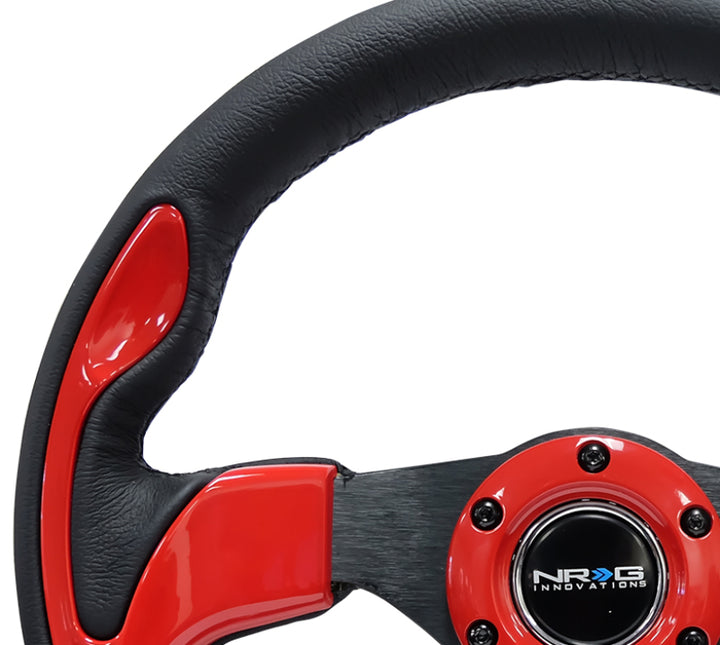 NRG Reinforced Steering Wheel (320mm) Blk w/Red Trim & 5mm 3-Spoke - Bull Strap