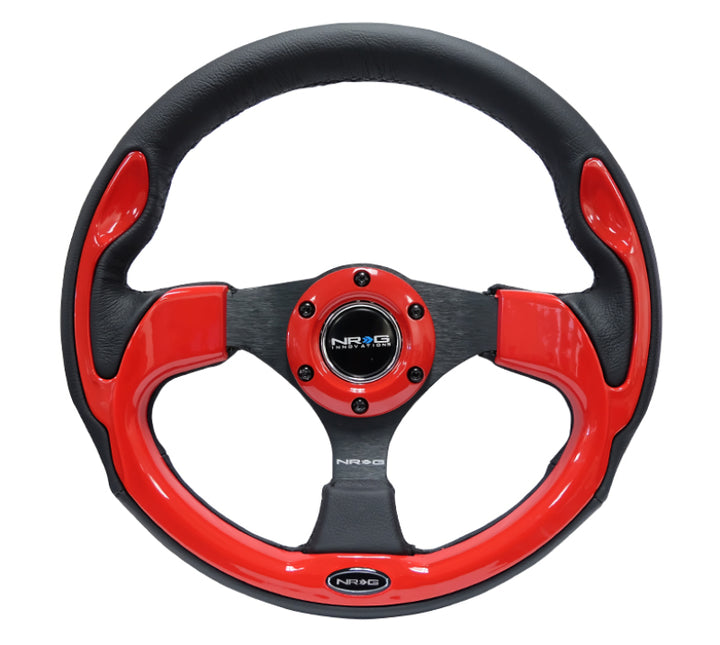 NRG Reinforced Steering Wheel (320mm) Blk w/Red Trim & 5mm 3-Spoke - Bull Strap
