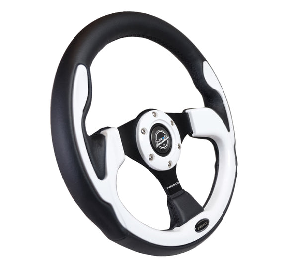 NRG Reinforced Steering Wheel (320mm) Blk w/White Trim & 4mm 3-Spoke - Bull Strap
