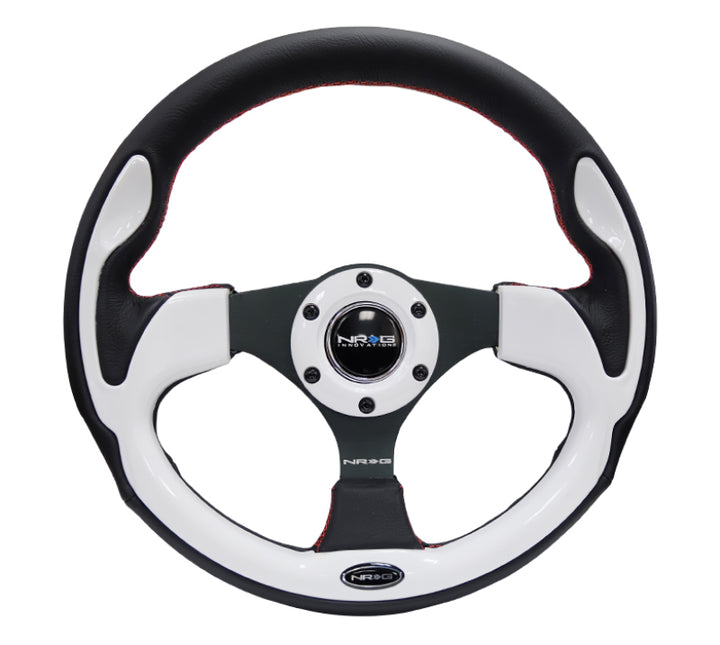 NRG Reinforced Steering Wheel (320mm) Blk w/White Trim & 4mm 3-Spoke - Bull Strap