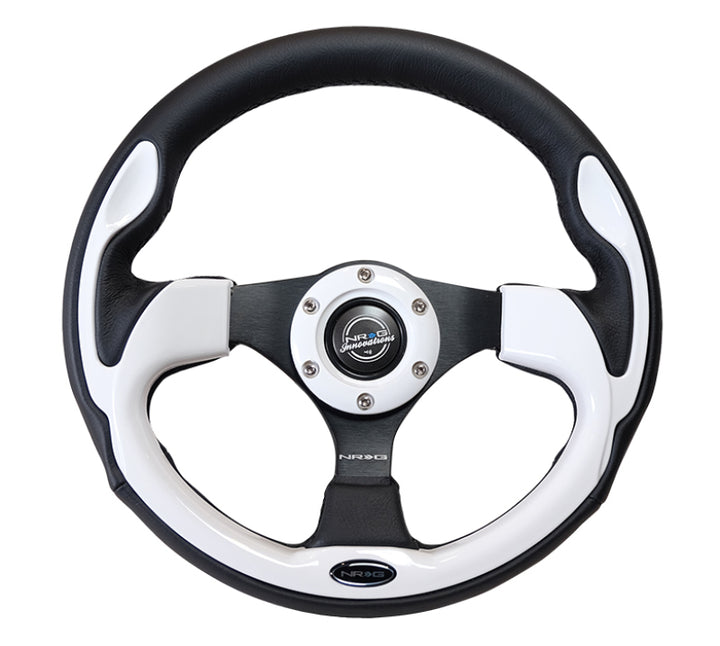 NRG Reinforced Steering Wheel (320mm) Blk w/White Trim & 4mm 3-Spoke - Bull Strap