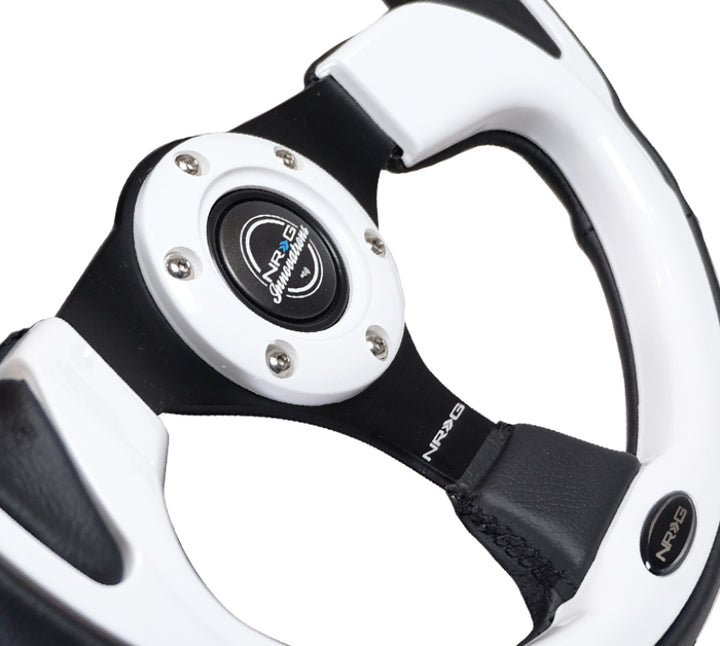 NRG Reinforced Steering Wheel (320mm) Blk w/White Trim & 4mm 3-Spoke - Bull Strap