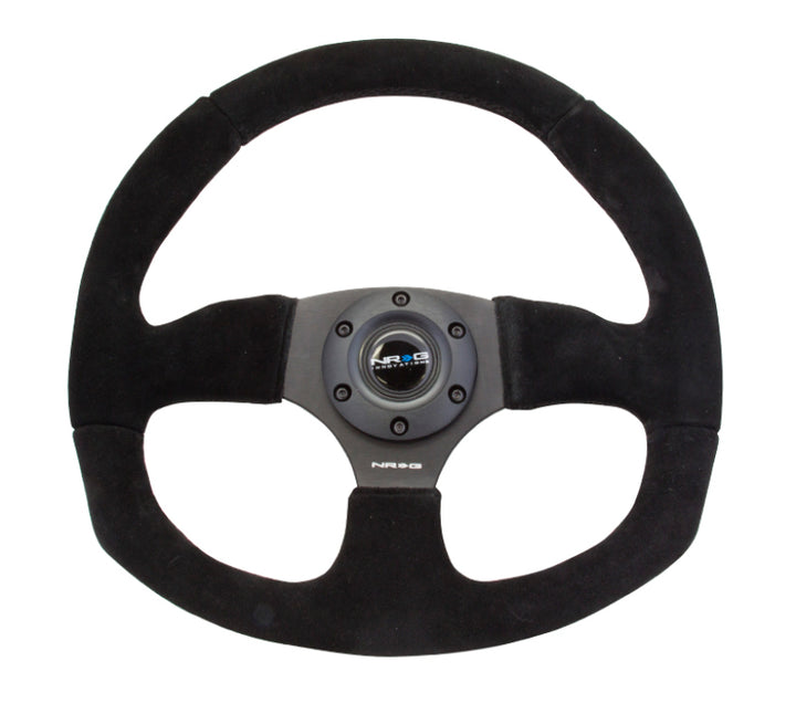 NRG Reinforced Steering Wheel (320mm Horizontal / 330mm Vertical) Black Suede w/Black Stitching - Bull Strap
