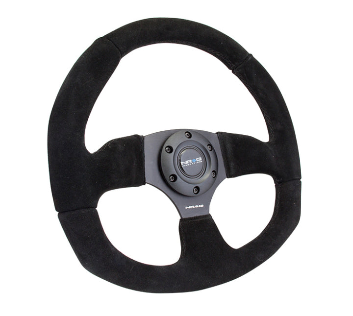 NRG Reinforced Steering Wheel (320mm Horizontal / 330mm Vertical) Black Suede w/Black Stitching - Bull Strap