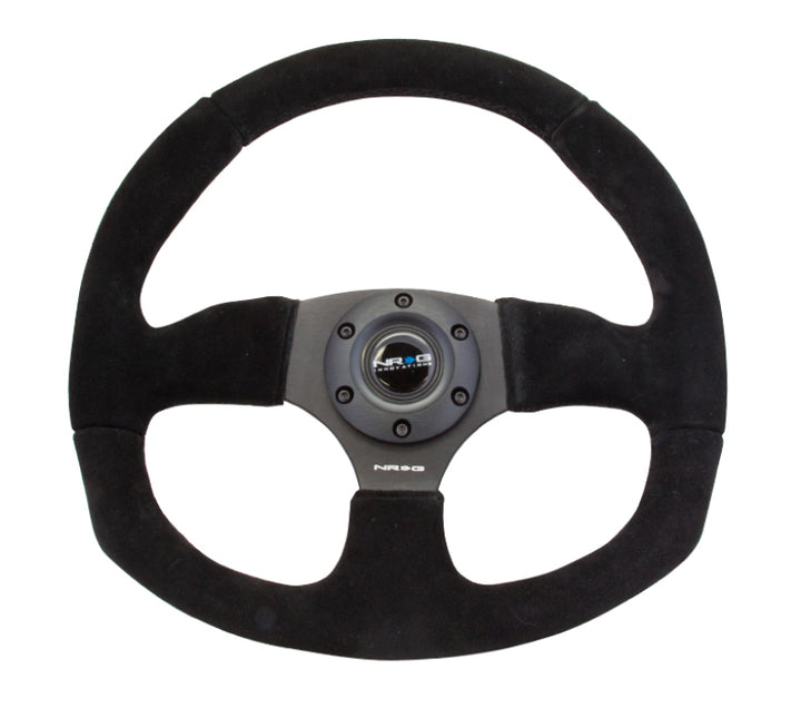 NRG Reinforced Steering Wheel (320mm Horizontal / 330mm Vertical) Black Suede w/Black Stitching - Bull Strap