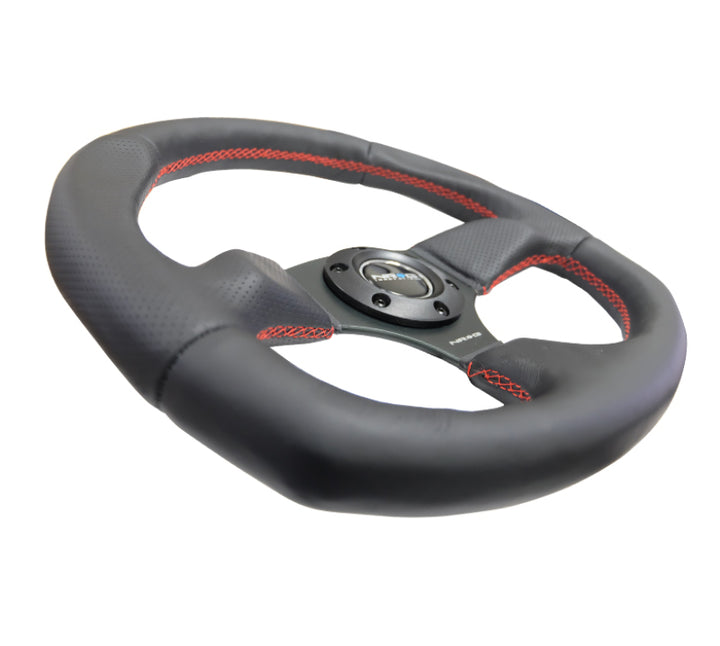 NRG Reinforced Steering Wheel (320mm Horizontal / 330mm Vertical) Leather w/Red Stitching - Bull Strap