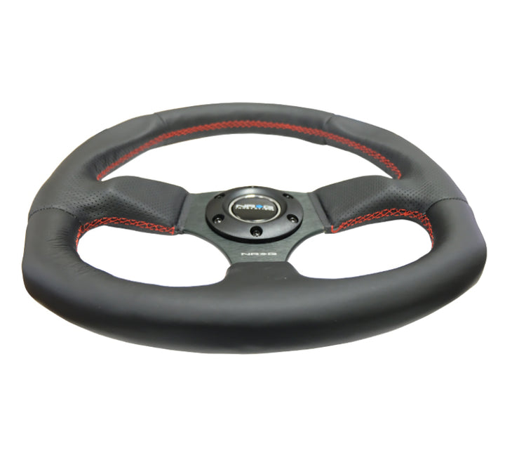 NRG Reinforced Steering Wheel (320mm Horizontal / 330mm Vertical) Leather w/Red Stitching - Bull Strap