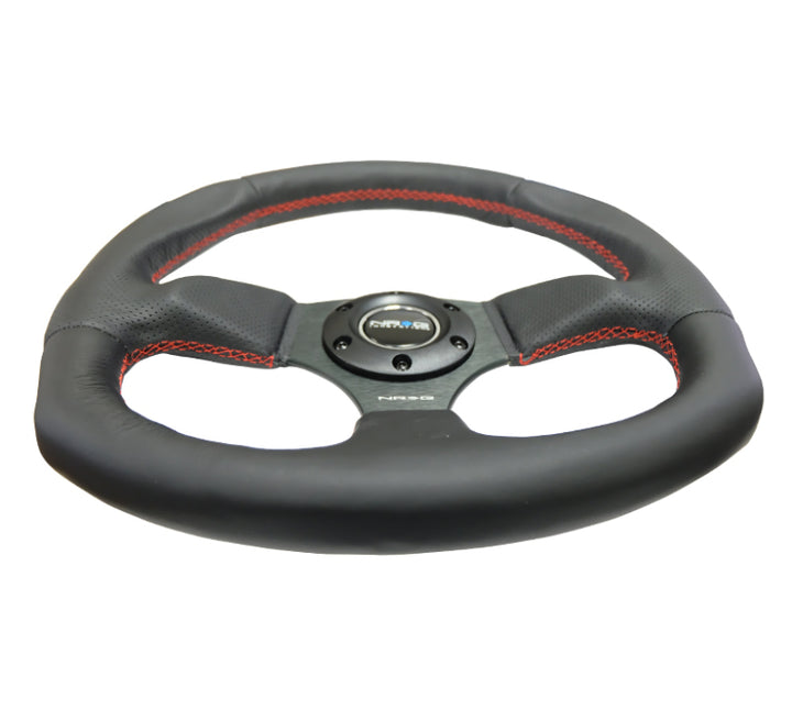 NRG Reinforced Steering Wheel (320mm Horizontal / 330mm Vertical) Leather w/Red Stitching - Bull Strap