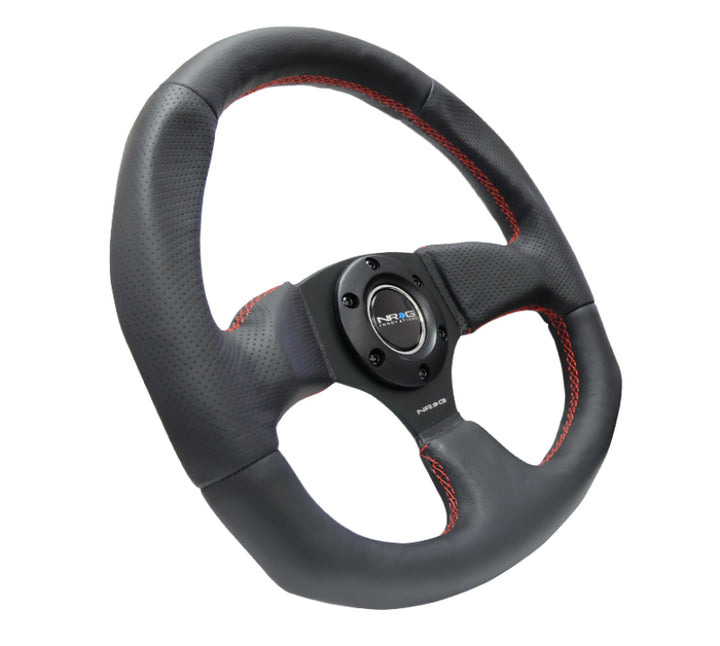 NRG Reinforced Steering Wheel (320mm Horizontal / 330mm Vertical) Leather w/Red Stitching - Bull Strap