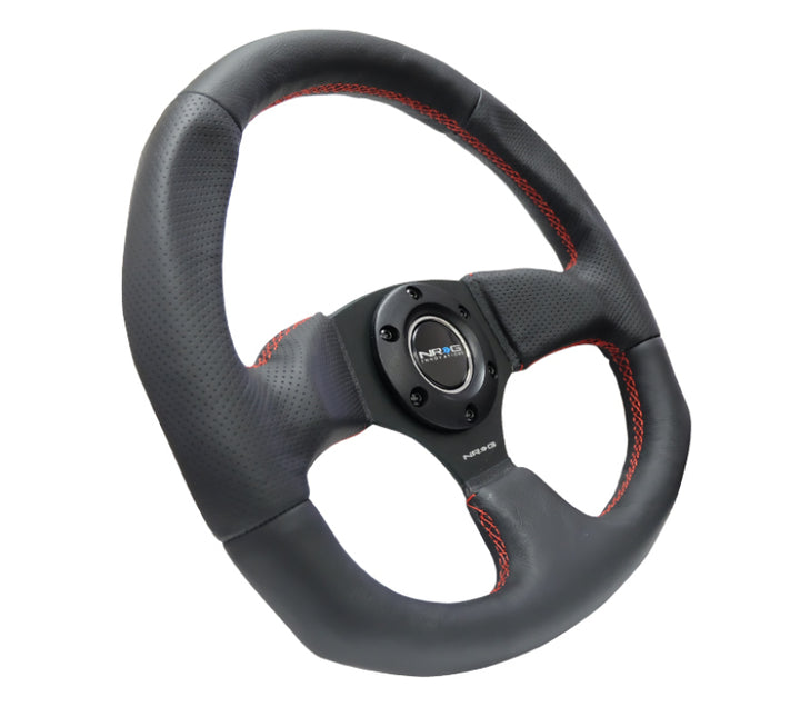 NRG Reinforced Steering Wheel (320mm Horizontal / 330mm Vertical) Leather w/Red Stitching - Bull Strap