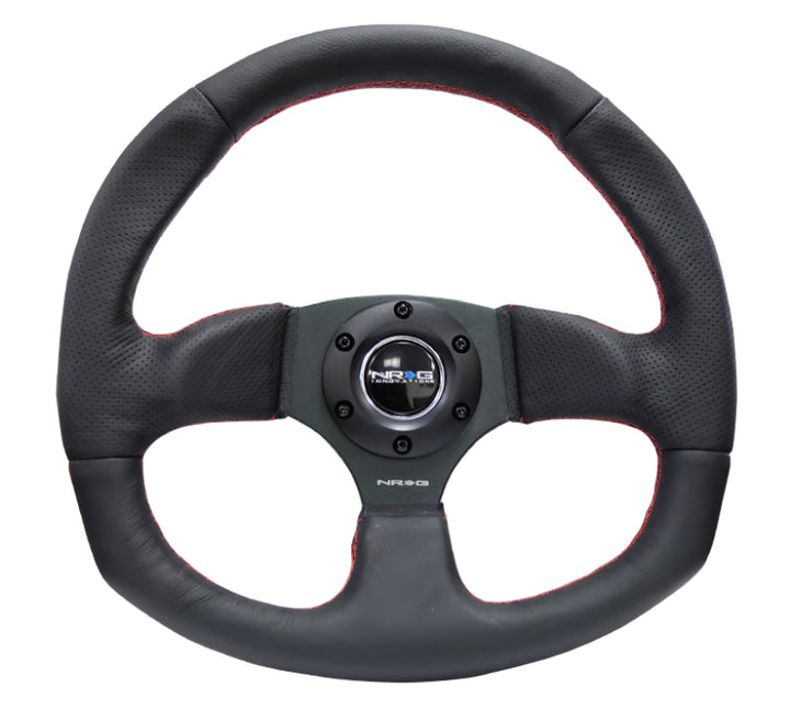 NRG Reinforced Steering Wheel (320mm Horizontal / 330mm Vertical) Leather w/Red Stitching - Bull Strap
