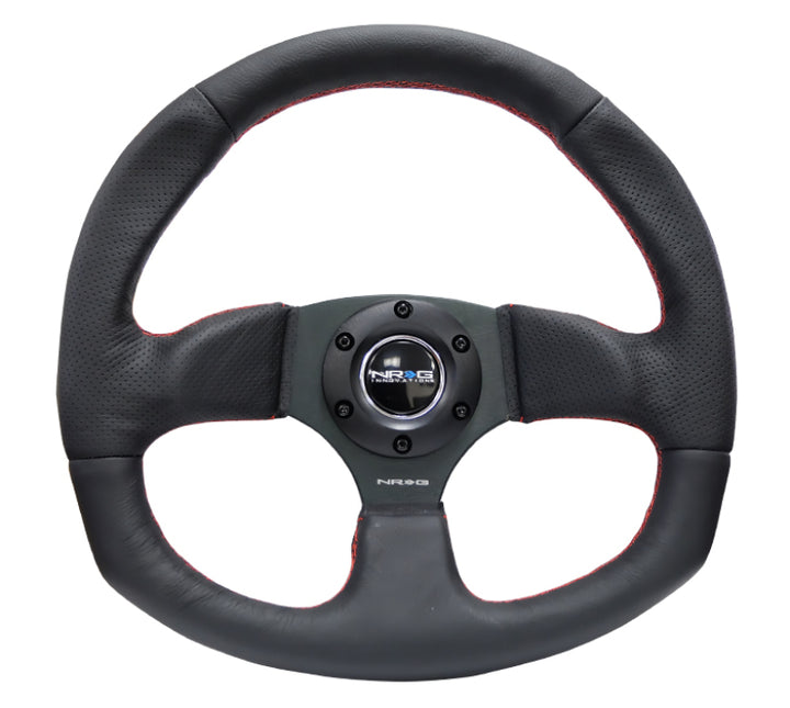 NRG Reinforced Steering Wheel (320mm Horizontal / 330mm Vertical) Leather w/Red Stitching - Bull Strap