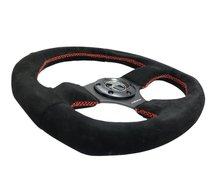 NRG Reinforced Steering Wheel (320mm Horizontal / 330mm Vertical) Suede w/Red Stitch - Bull Strap