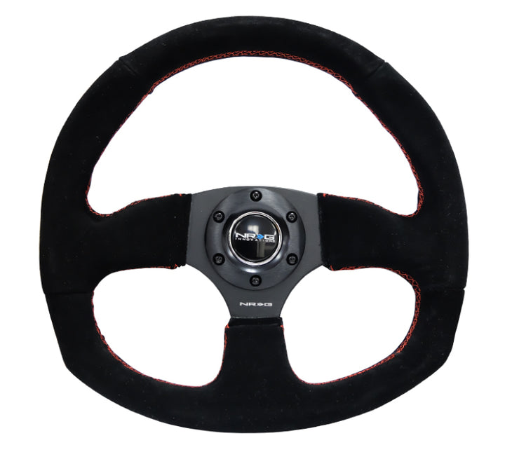 NRG Reinforced Steering Wheel (320mm Horizontal / 330mm Vertical) Suede w/Red Stitch - Bull Strap