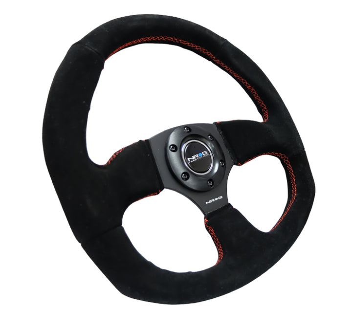 NRG Reinforced Steering Wheel (320mm Horizontal / 330mm Vertical) Suede w/Red Stitch - Bull Strap