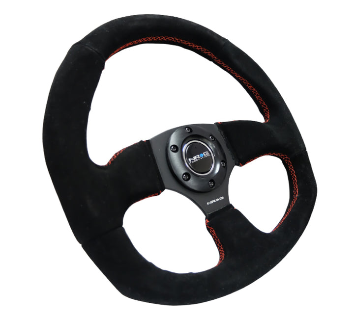 NRG Reinforced Steering Wheel (320mm Horizontal / 330mm Vertical) Suede w/Red Stitch - Bull Strap