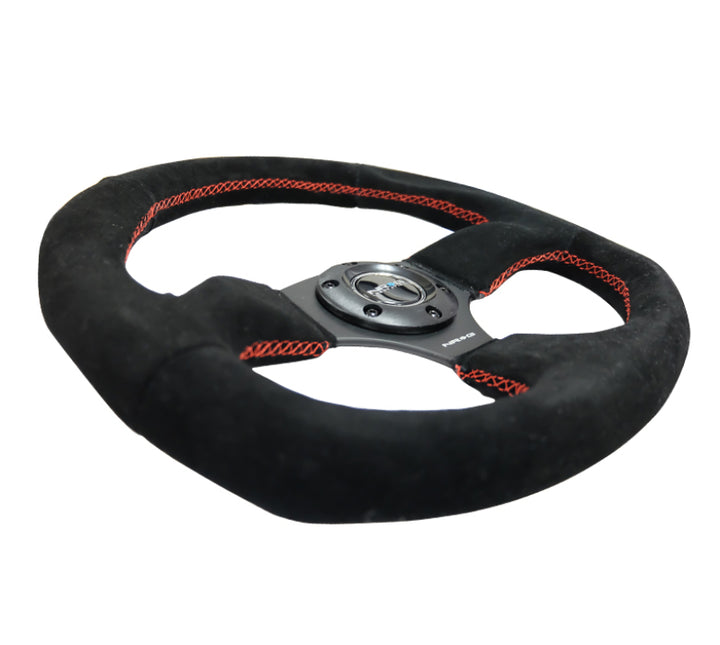 NRG Reinforced Steering Wheel (320mm Horizontal / 330mm Vertical) Suede w/Red Stitch - Bull Strap