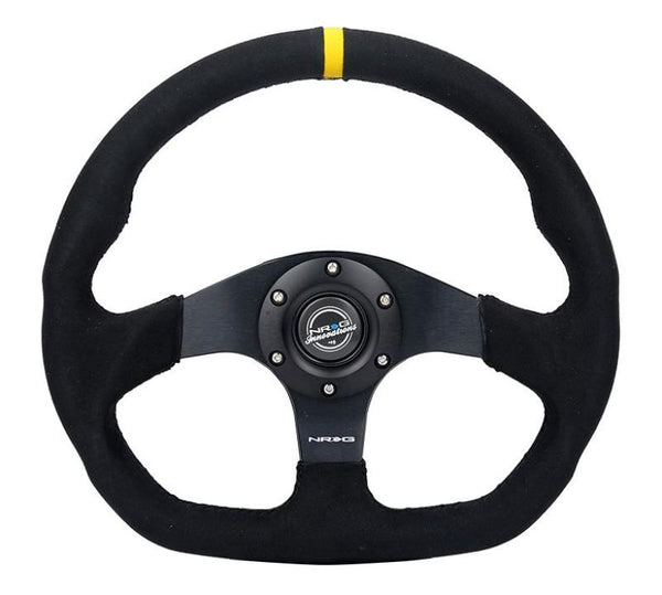 NRG Reinforced Steering Wheel (320mm) Sport Alcantara Dual Push Buttons Flat Bottom w/Yellow Center - Bull Strap