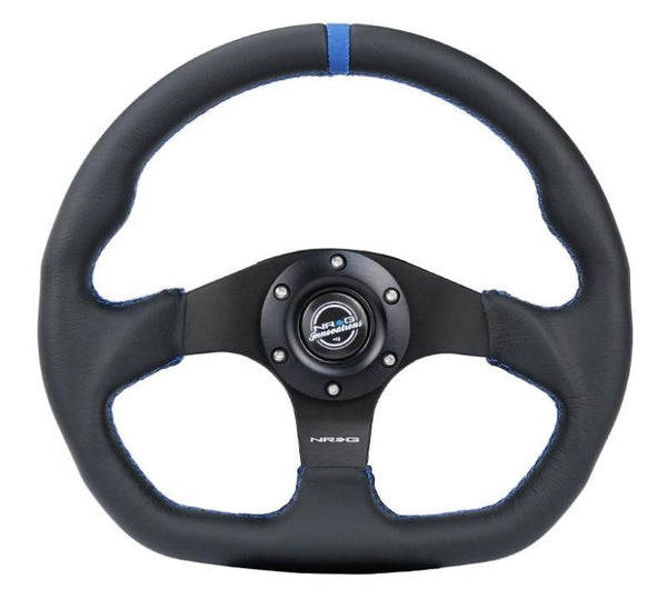 NRG Reinforced Steering Wheel (320mm) Sport Leather Flat Bottom w/ Blue Center/ Blue Stitching - Bull Strap