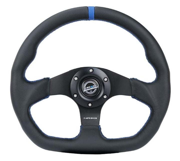 NRG Reinforced Steering Wheel (320mm) Sport Leather Flat Bottom w/ Blue Center/ Blue Stitching - Bull Strap
