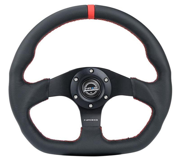 NRG Reinforced Steering Wheel (320mm) Sport Leather Flat Bottom w/ Red Center Mark/ Red Stitching - Bull Strap