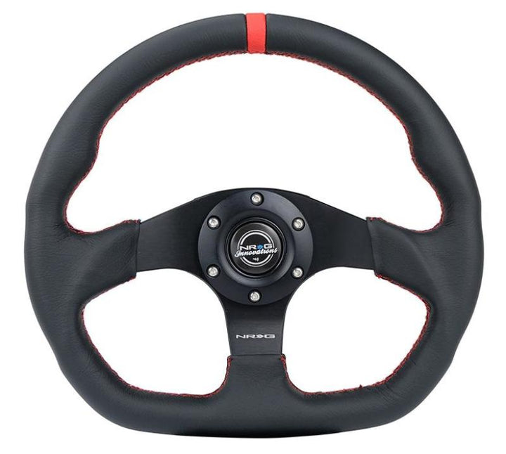 NRG Reinforced Steering Wheel (320mm) Sport Leather Flat Bottom w/ Red Center Mark/ Red Stitching - Bull Strap