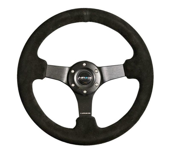 NRG Reinforced Steering Wheel (330mm / 3in Deep) Blk Suede w/Criss Cross Stitch w/Blk 3-Spoke Center - Bull Strap